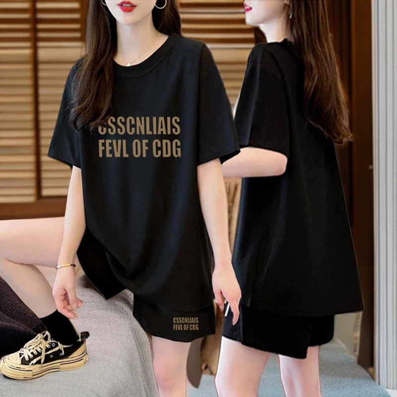 纯棉短袖T恤+短裤两件套女夏季2024新款韩版宽松洋气休闲运动套装