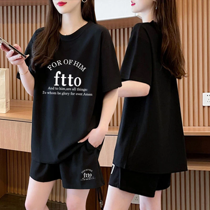 遮肚外穿大码时尚纯棉洋气短袖短裤两件套女2024夏季新款宽松套装