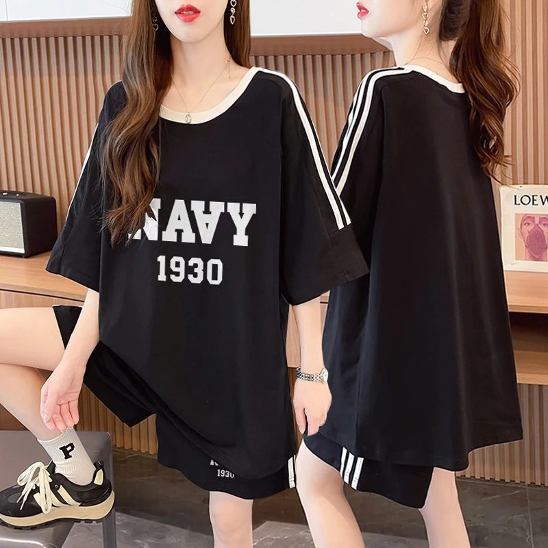 胖mm大码夏季纯棉运动套装女韩版显瘦网红休闲百搭短袖短裤两件套