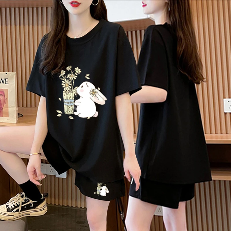 胖mm大码夏季纯棉休闲运动套装女外穿2024新款韩版短袖短裤两件套