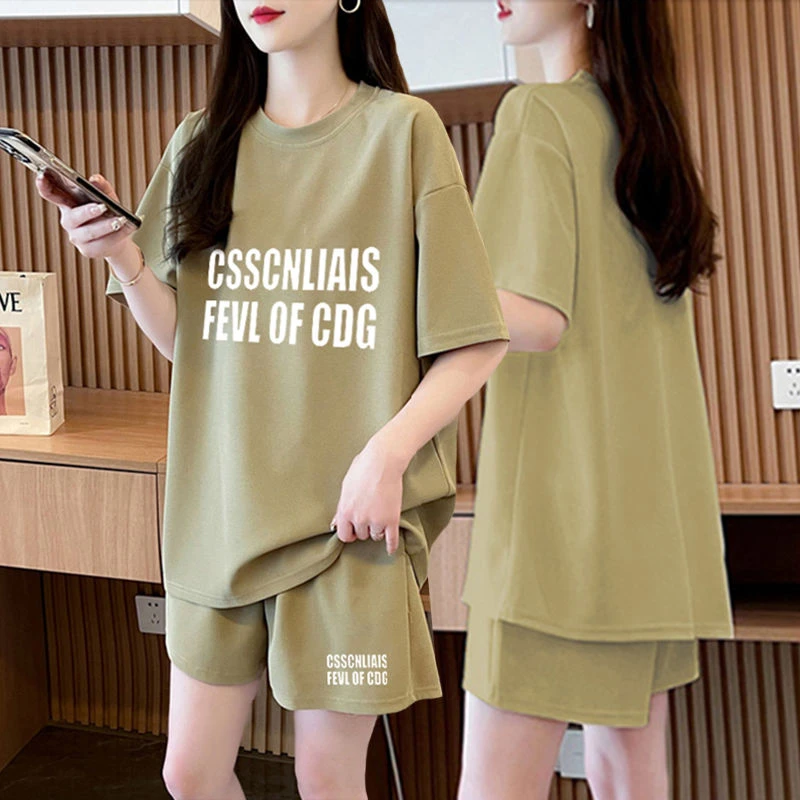 纯棉休闲运动服套装女2024新款韩版宽松短袖T恤衫+短裤休闲两件套