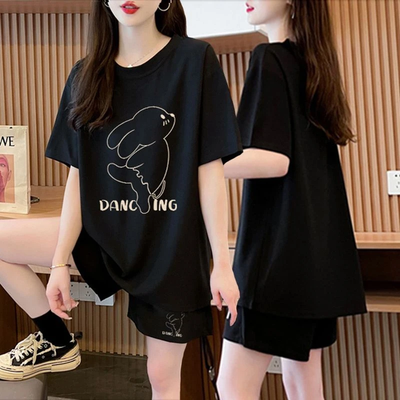 夏季纯棉休闲运动套装女2024新款韩版大码显瘦短袖短裤网红两件套