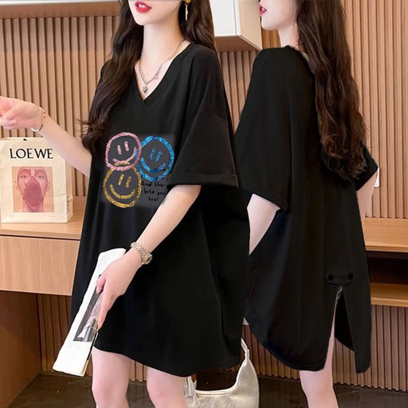 设计感开叉V领纯棉显瘦短袖T恤女夏季新款韩版大码中长款半袖上衣