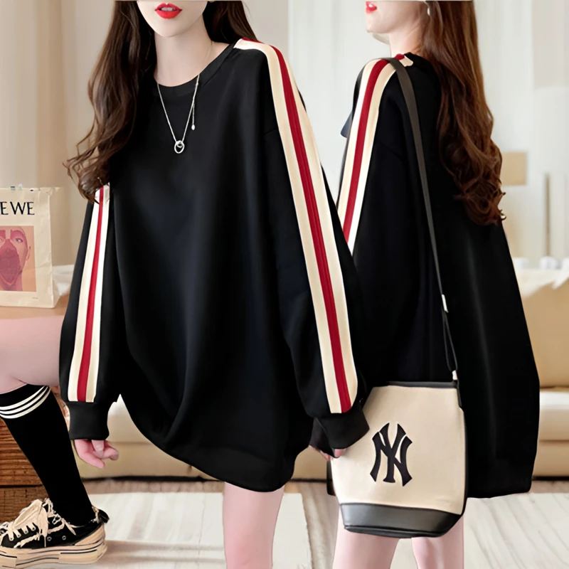 慵懒风中长款薄款纯色卫衣女春秋季2024新款韩版休闲百搭拼色上衣