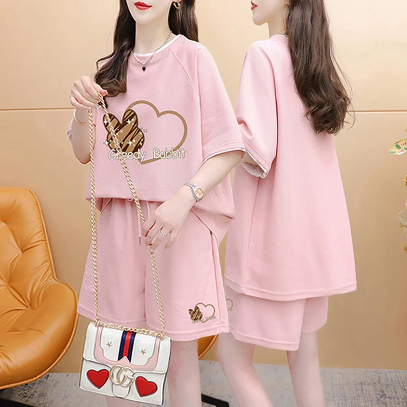 纯棉短袖t恤+短裤套装女2024夏季新款减龄休闲运动风时尚两件套潮