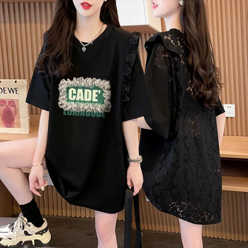 胖mm大码显瘦蕾丝镂空纯棉夏季短袖T恤女2024新款韩版中长款上衣