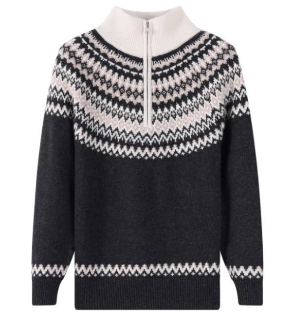 【梧桐专属】费尔岛立领时尚复古花纹半拉链针织衫24875