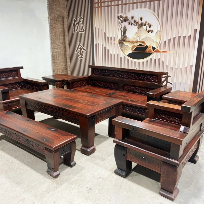 中式古典沙发老船木铁梨木成套家用客厅简约简约复古原木色茶桌椅