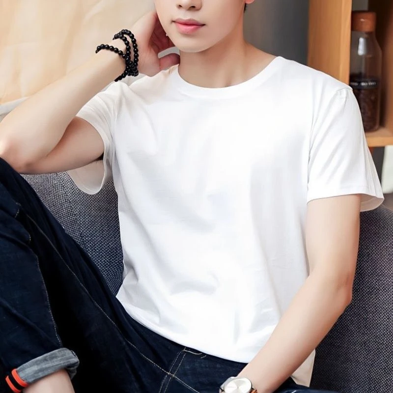 短袖体恤男士夏季薄款休闲百搭潮流纯色打底衫圆领修身简约上衣