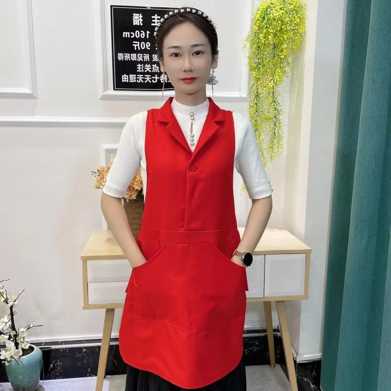 红色翻领纯色修身围裙