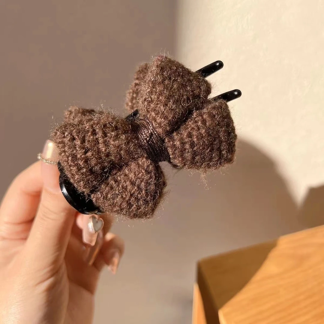 优雅毛线蝴蝶结丸子头抓夹秋冬可爱气质超仙咖色系针织简约发卡