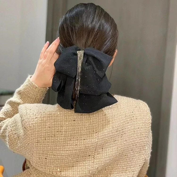 精致满天星蝴蝶结流苏抓夹时尚轻奢百搭黑色小香风发夹带钻抓夹