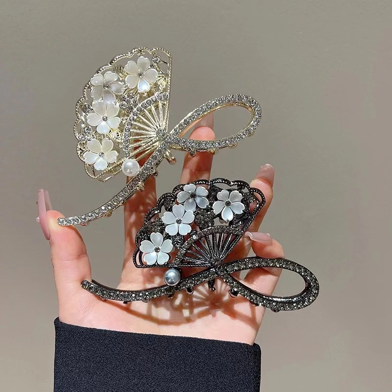 合金发饰 超仙扇形抓夹 法式复古满钻后脑勺古典鲨鱼夹古风发饰