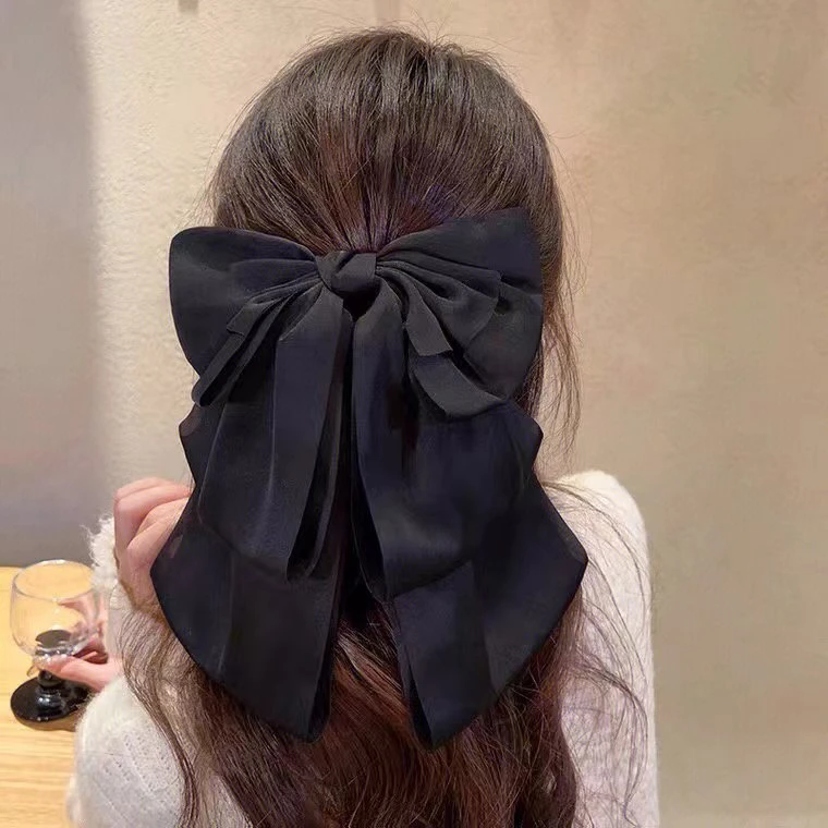 大蝴蝶缎面抓夹气质网红黑色百搭高级飘带发夹大号抓夹纯色女甜美