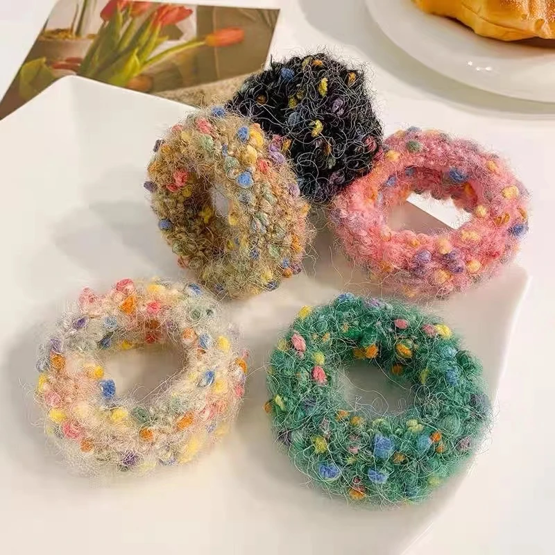 高弹力加粗彩虹点点毛绒彩色发圈丸子头高马尾不伤发可爱少女发绳