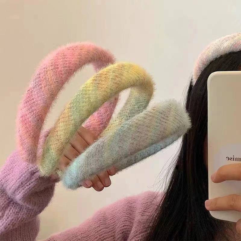 彩虹毛绒绒发箍高颅顶小清新少女风甜美宽边头箍彩色糖果色发卡