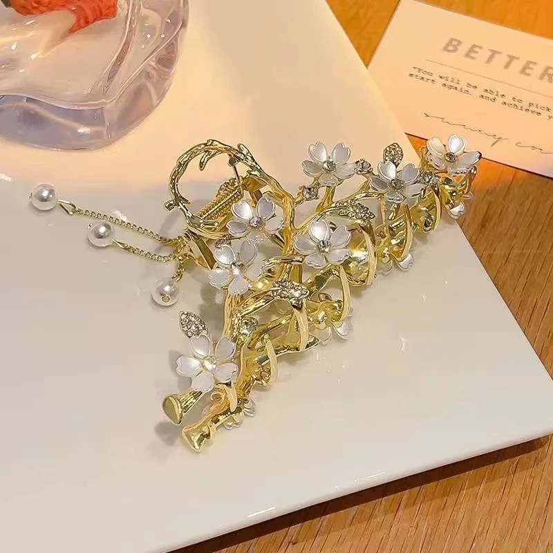 古典花朵流苏抓夹超仙茉莉花后脑勺盘发大抓夹轻奢仙气大号鲨鱼夹