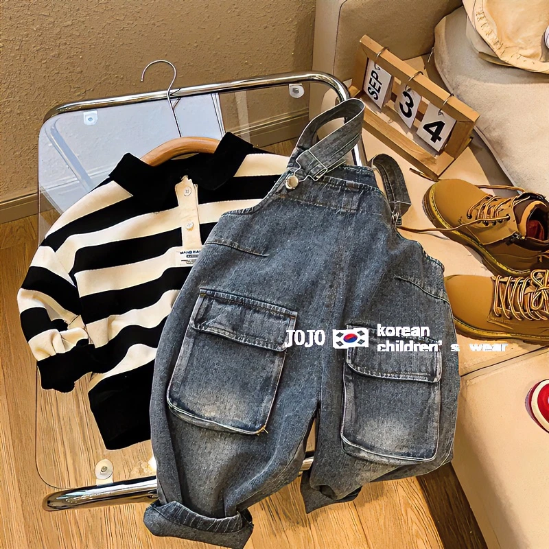 韩版童装男童女童炸街牛仔背带裤2023春装儿童时髦洋气连体裤长裤
