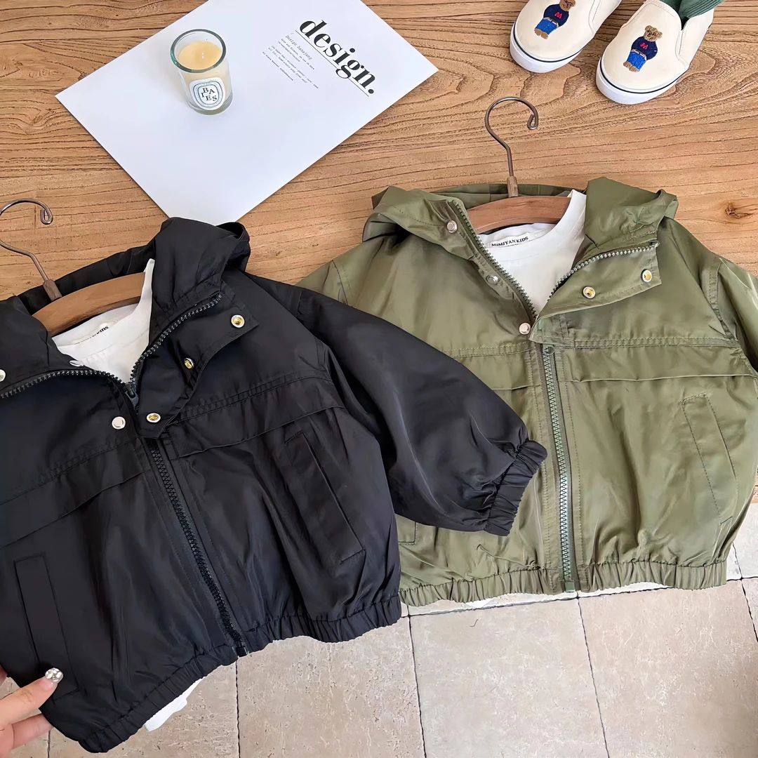 儿童连帽冲锋衣男2023春秋新款女宝宝运动服户外小童纯色外套洋气