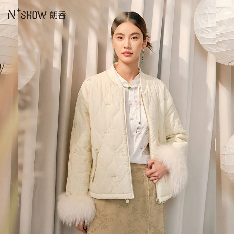 NOWSHOW朗香秋季新品新国风棒球棉服可拆卸毛毛绗棉外套243010