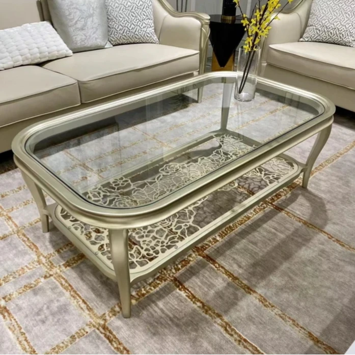 美式轻奢客厅家用极简圆形后现代全实木镂空圆茶几玻璃茶几多款