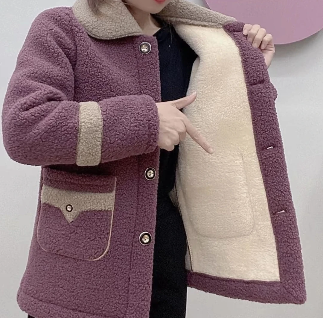 【拼接设计】高端女士新款羊羔绒外套秋冬款妈妈装加绒加厚65衣长