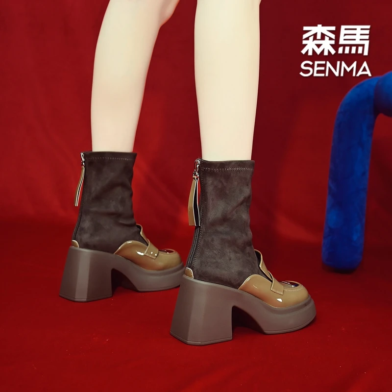 SENMA/森马8cm英伦风拼接小短靴女百搭高跟瘦瘦靴方头厚底弹力靴