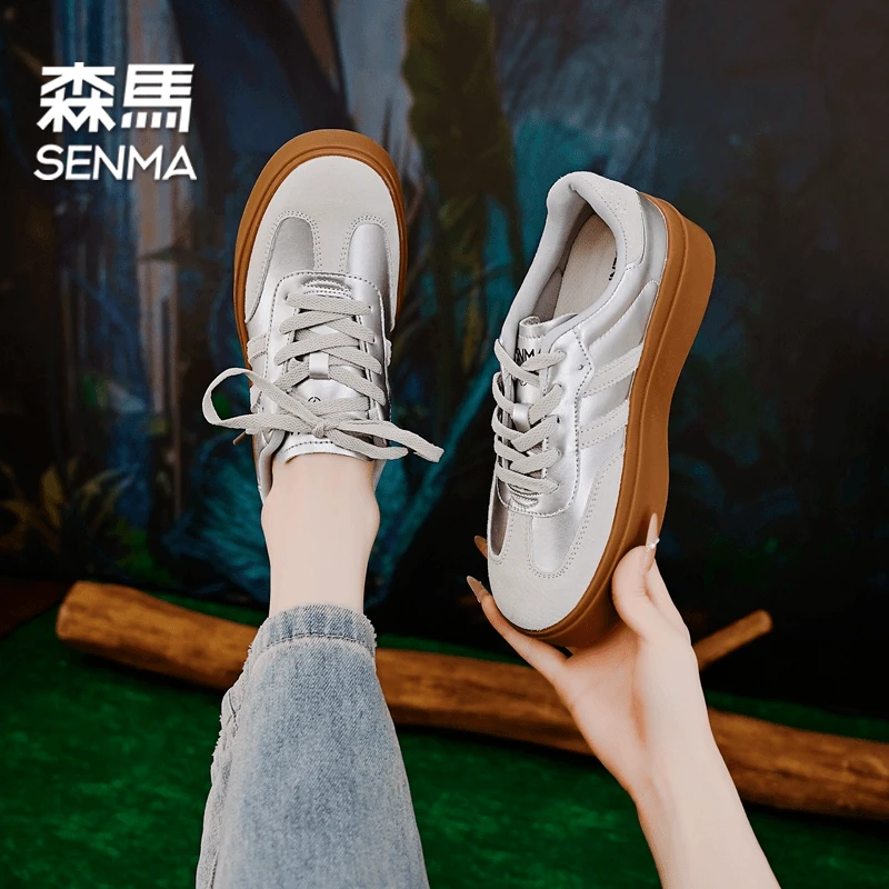 SENMA/森马5cm真皮百搭拼色德训鞋女阿甘鞋时尚厚底休闲运动鞋