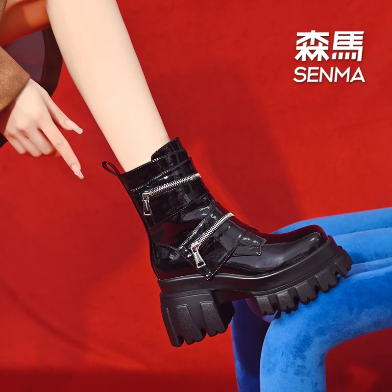 SENMA/森马9cm厚底短靴女潮冬季拉链时尚高跟时装靴英伦风瘦瘦靴