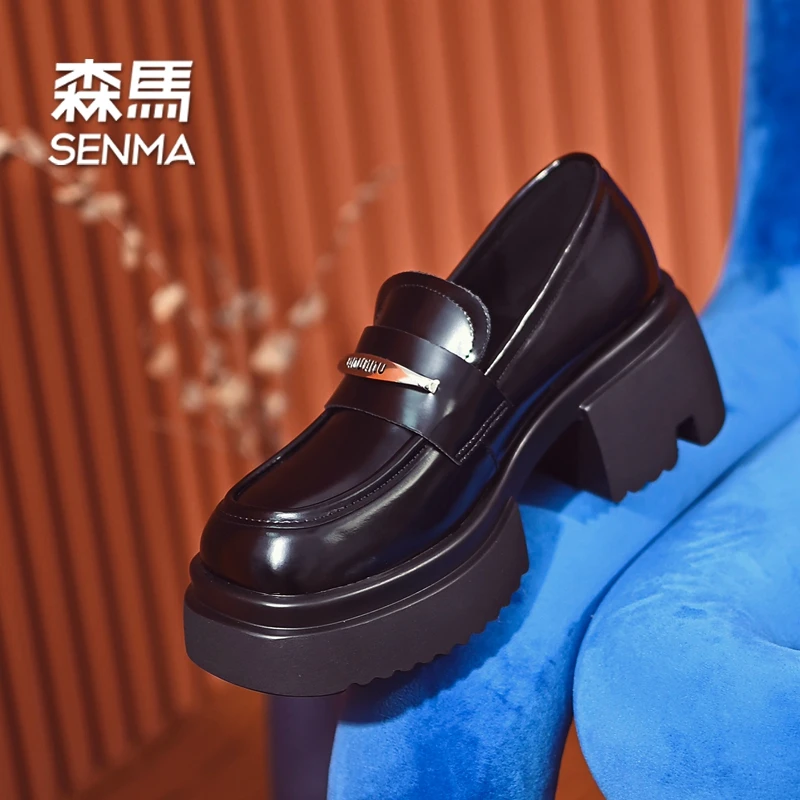 SENMA/森马6cm真皮英伦风乐福鞋女潮春季深口厚底单鞋方头高跟鞋