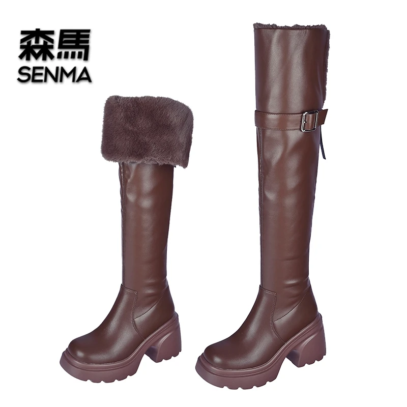 SENMA/森马8cm两穿厚底长靴女圆头百搭毛毛靴冬季皮带扣骑士靴