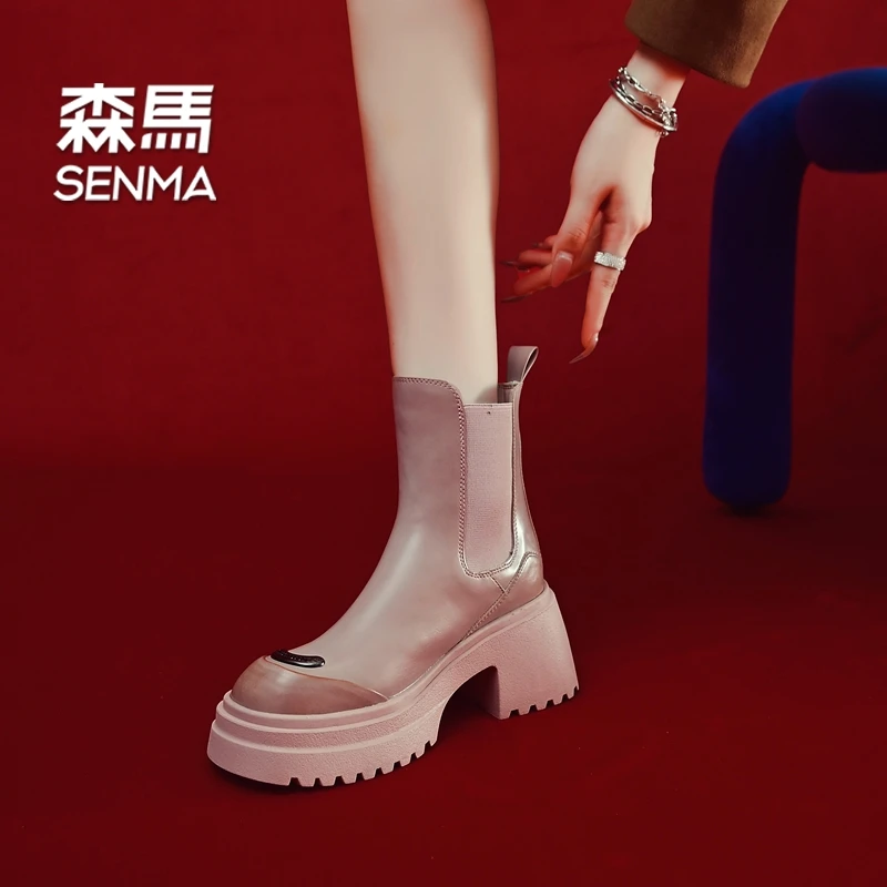 SENMA/森马7cm复古擦色粗跟厚底烟筒靴秋冬百搭圆头时尚高跟短靴