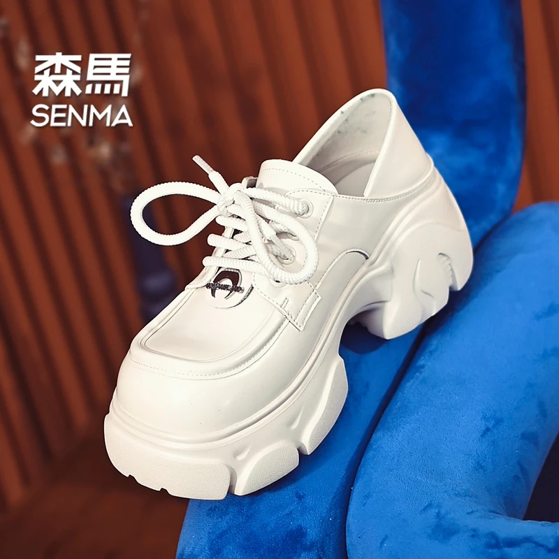 SENMA/森马6cm厚底真皮深口单鞋女春方头英伦风小皮鞋乐福鞋潮