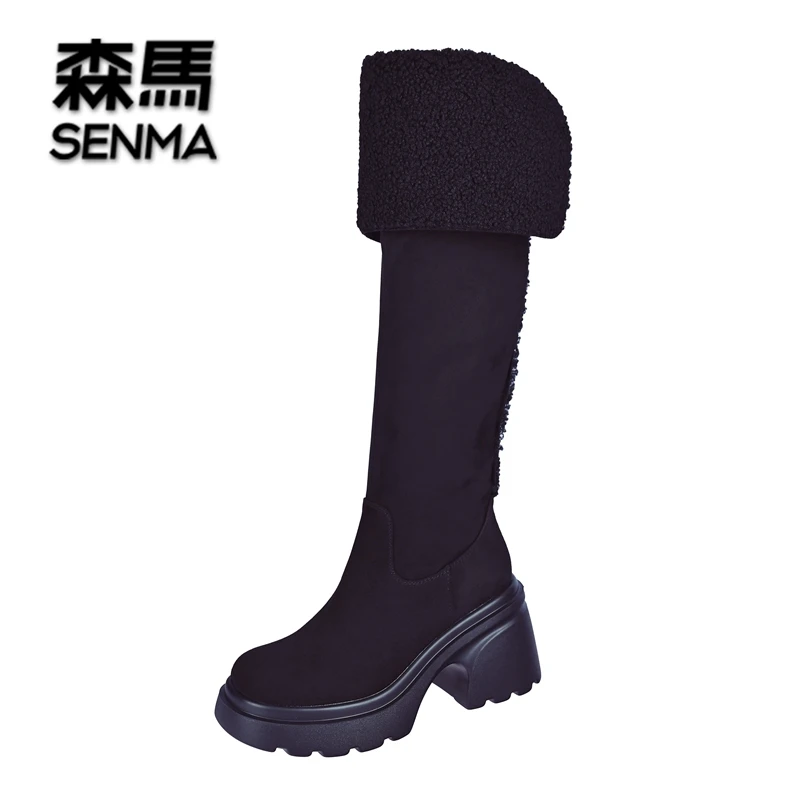 SENMA/森马8cm毛毛骑士靴女冬厚底过膝长筒靴方头高跟瘦瘦靴