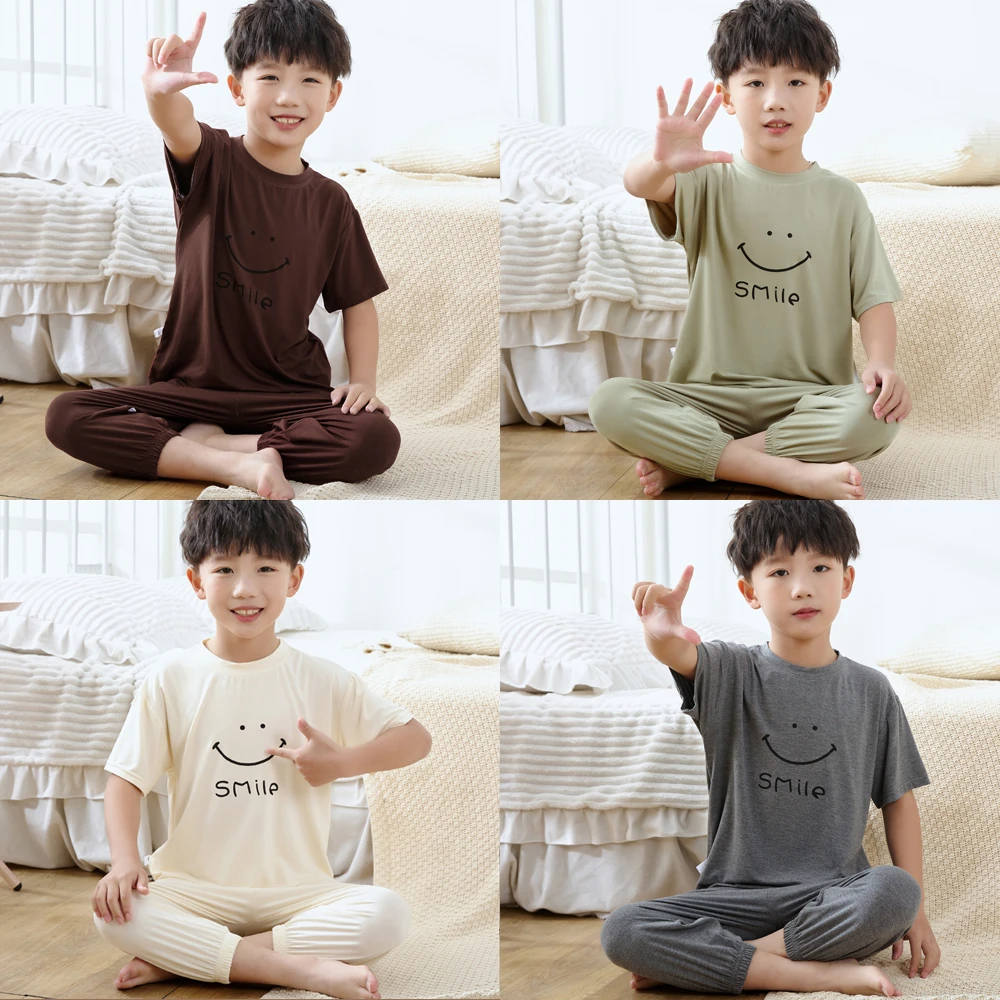 夏季新款男女宝儿童莫代尔笑脸印花短袖家居服套装儿童款睡衣