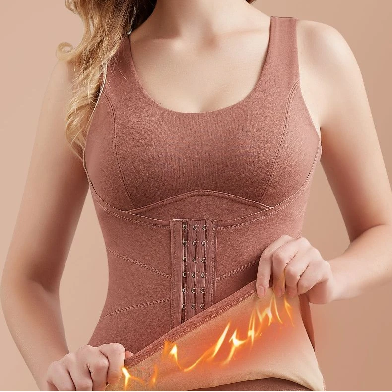 德绒无痕保暖内衣女加绒加厚背心带胸垫塑身收腹秋冬发热打底秋衣