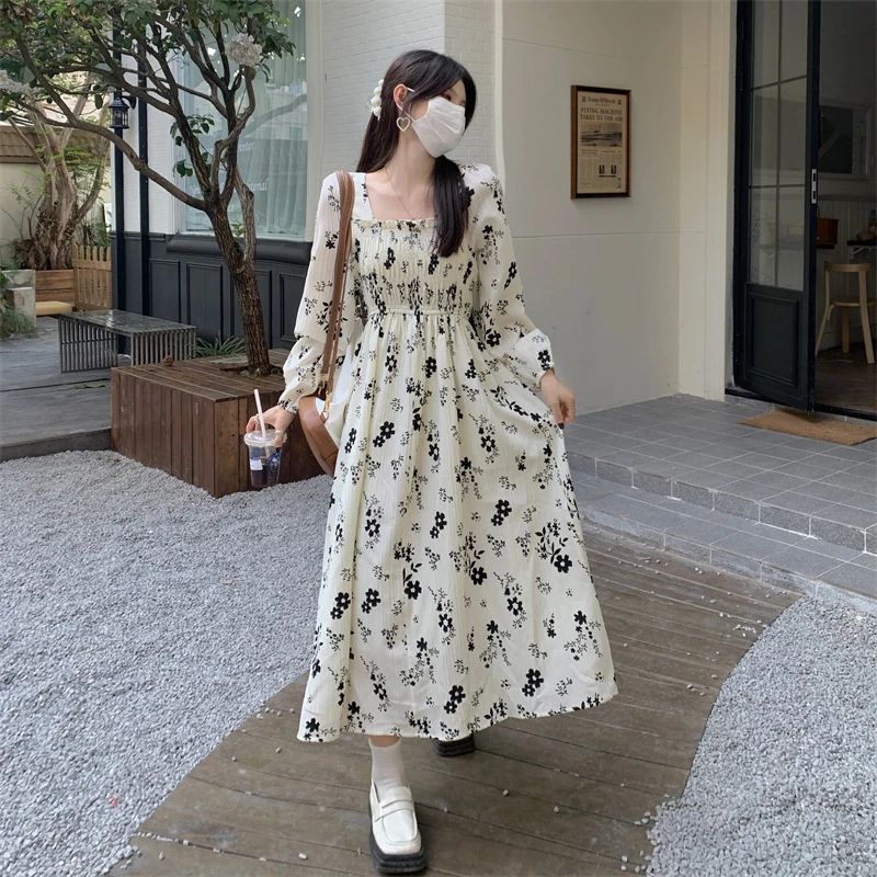 法式干枯玫瑰碎花连衣裙淑女裙2023新款气质显瘦温柔风印花长裙子