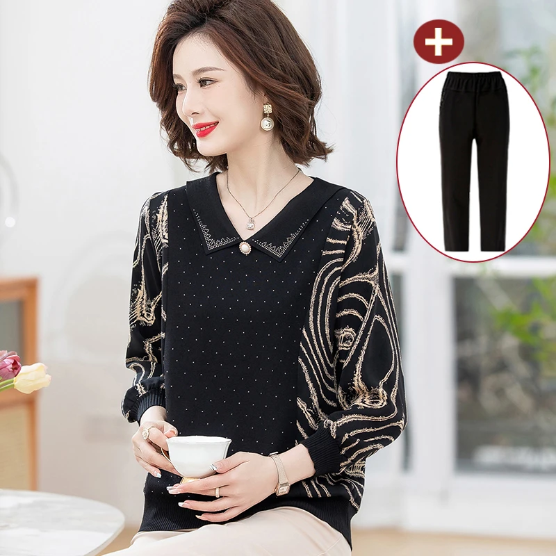 059两件套妈妈装春秋针织小衫洋气中老年女装宽松50岁中年套装夏