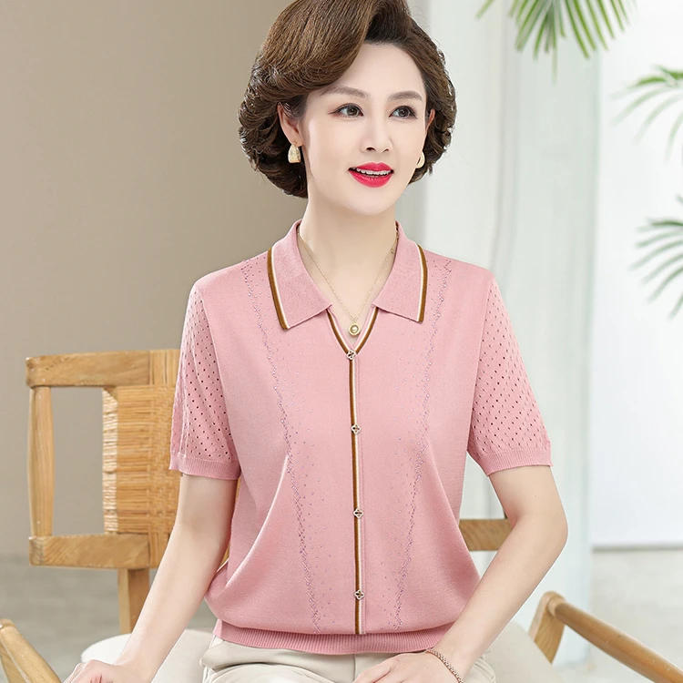 9981时尚妈妈装薄款短袖t恤中老年女装洋气夏季大码针织小衫上衣