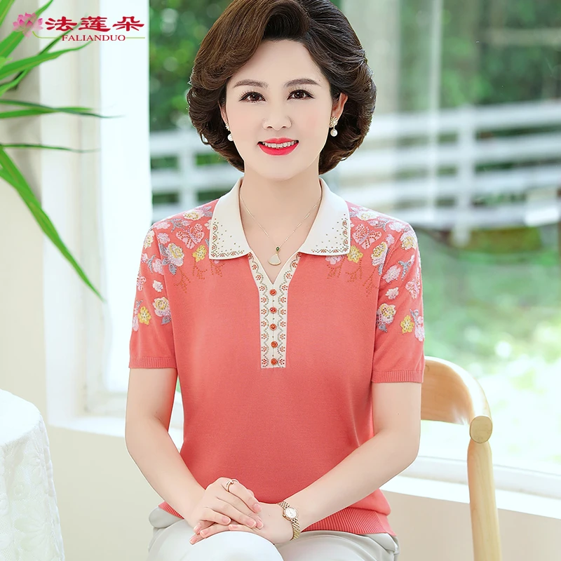 9956妈妈夏装翻领短袖t恤女中老年人宽松冰丝上衣服中年刺绣小衫