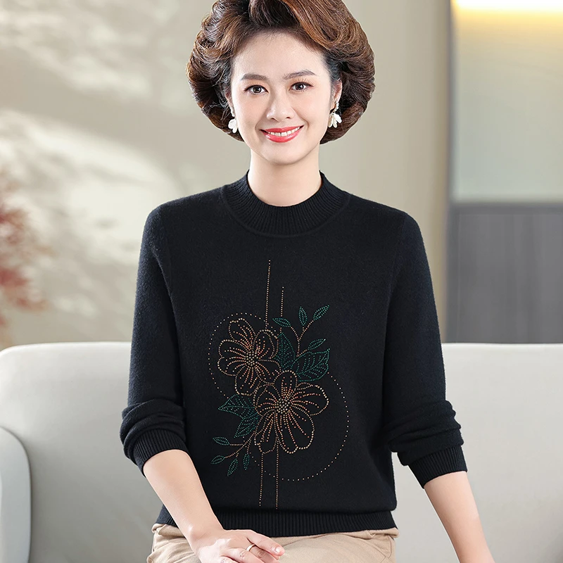 秋冬妈妈装半高领毛衣打底衫中老年人女老奶奶宽松针织衫上衣2411