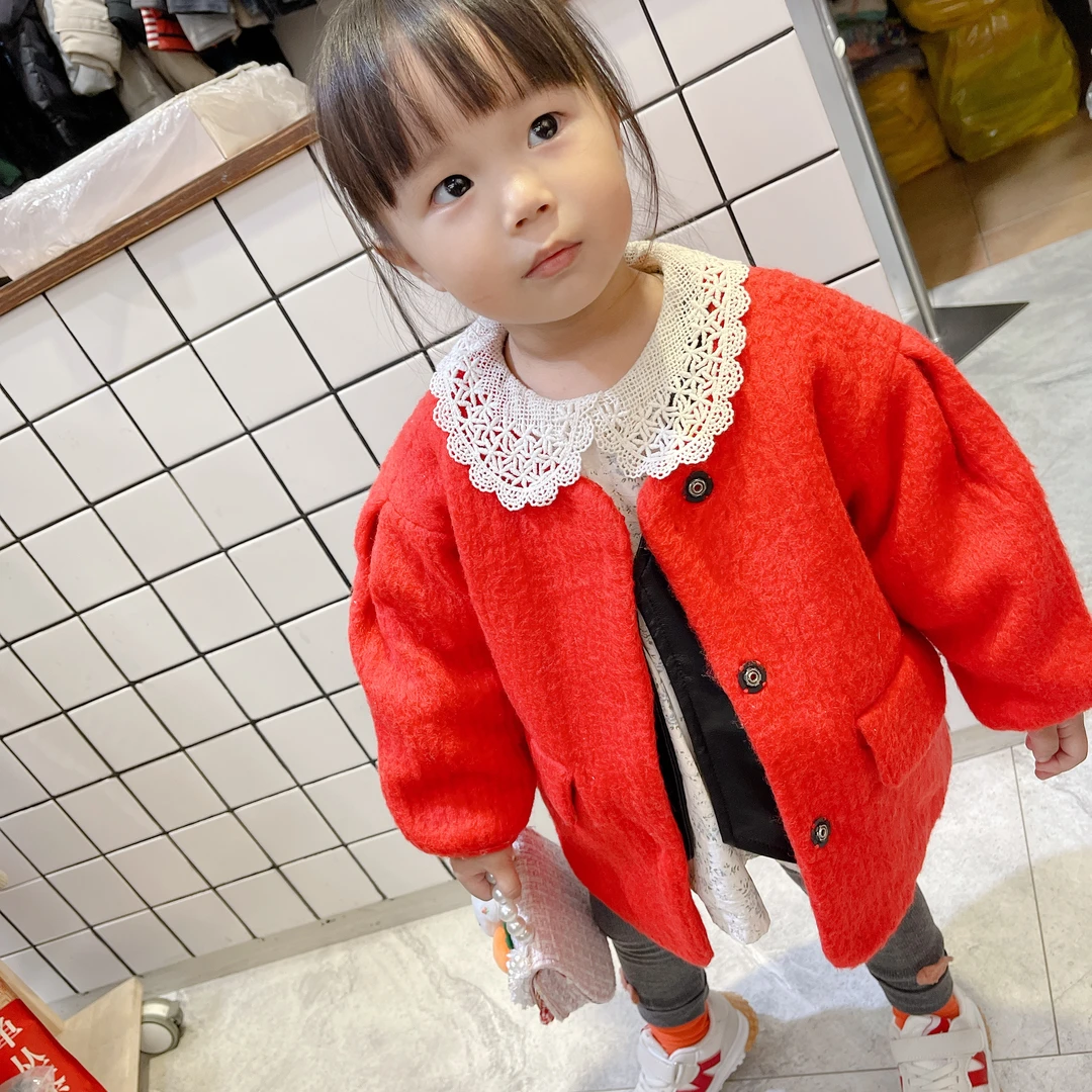 宝宝时尚潮流无领加绒加厚毛毛衣外套呢子国风中国红外套儿童年装