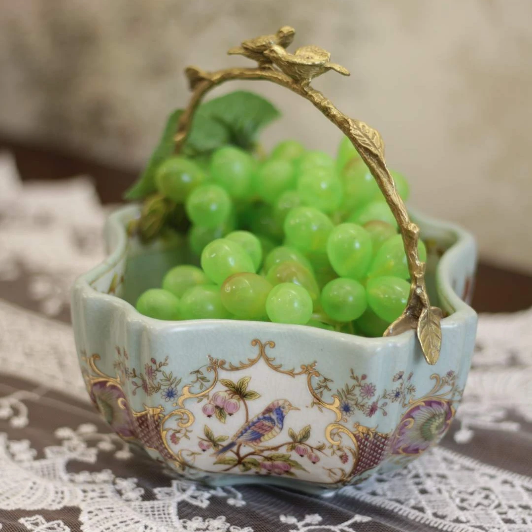 【茉奈家居】春日青鸟铜配陶瓷手绘收纳果盘复古高档描金豪华摆件