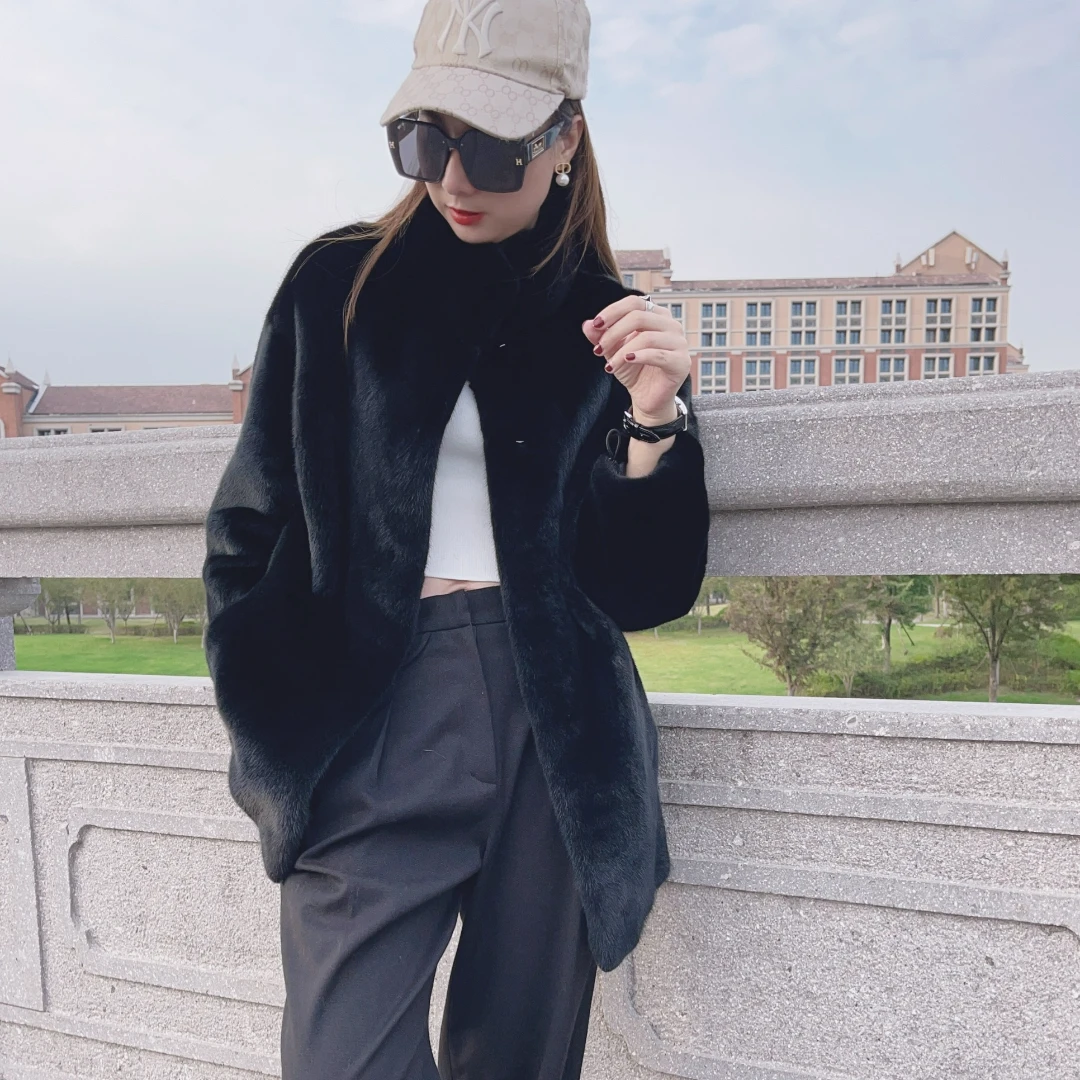 Y0089立领时尚气质天鹅绒水貂皮草外套女装中长款