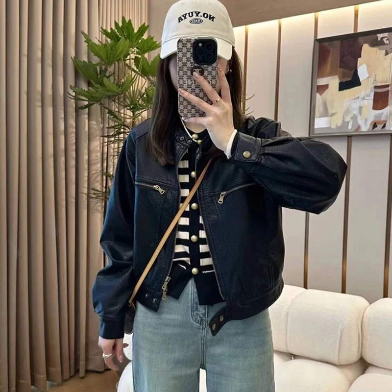春秋宽松短款小个子机车PU美拉德美式复古皮衣外套女皮夹克时尚