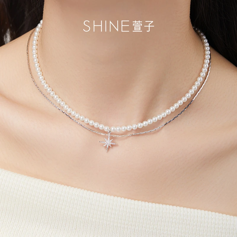 铜合金仿珍珠吊坠 萱子 SHINE铜合金仿珍珠六芒星气质时尚项链