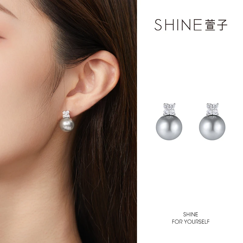萱子 925银合成锆石耳饰 气质优雅经典灰色银质耳环【MY】