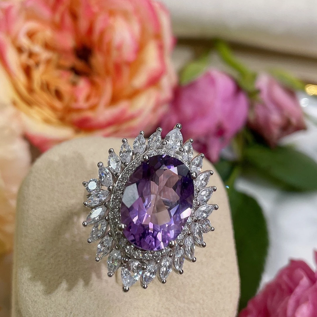 天然紫水晶戒指轻奢百搭贵气豪华925银镶
