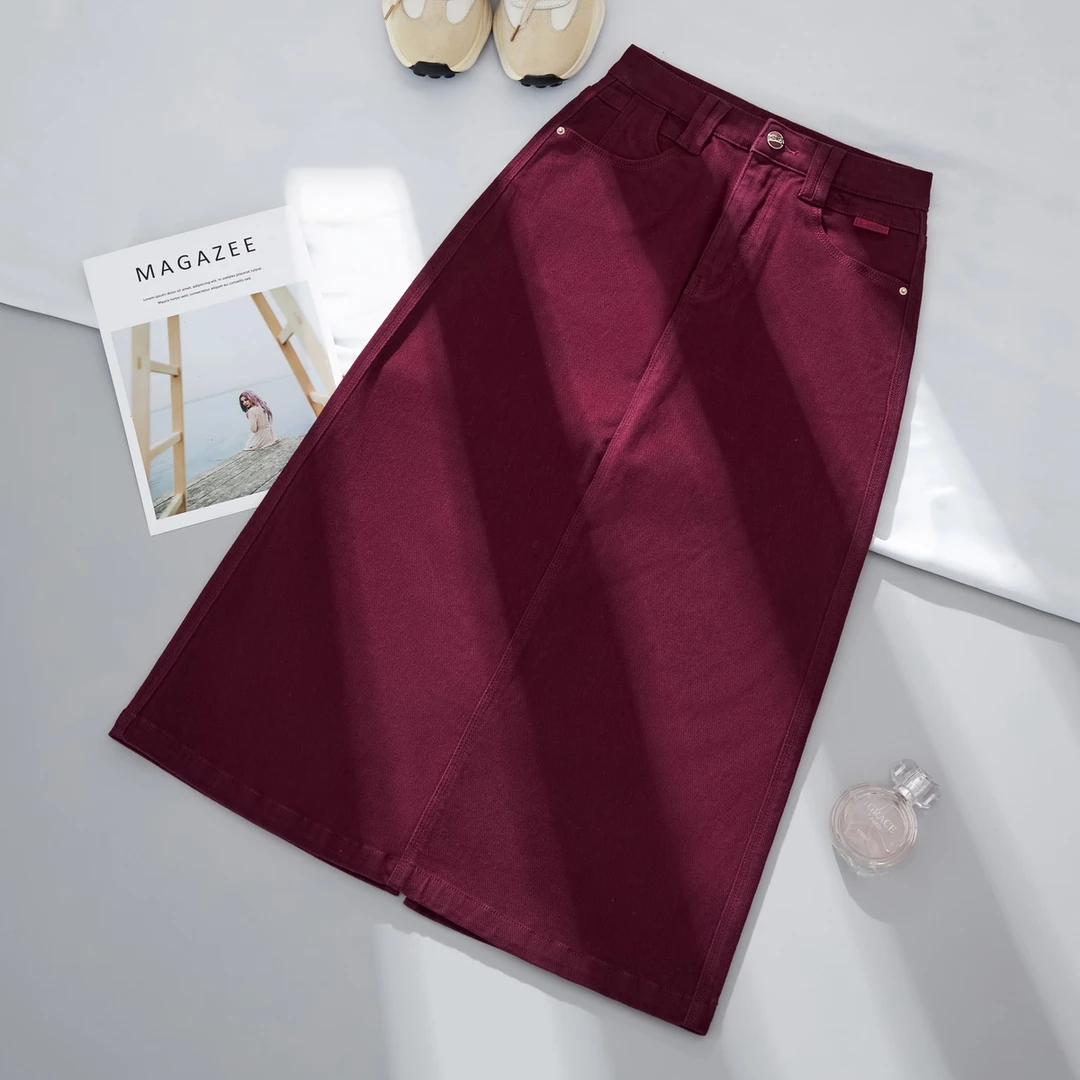 新款秋冬季牛仔高腰弹力A字中长裙短裙葡萄酒红时尚女士显瘦