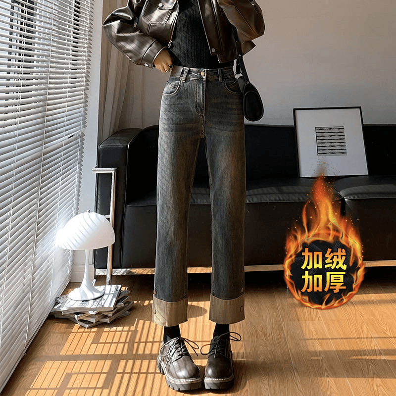 黑色高腰直筒牛仔裤女秋冬2023新款设计感小个子加绒九分烟管裤子